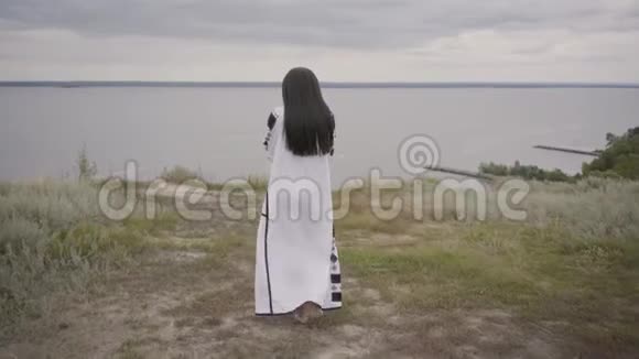 后景看可爱的非洲裔美国妇女穿着长夏时装走在田野的背景下视频的预览图