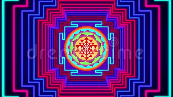 抽象色彩斑斓的方线几何隧道发光霓虹灯图案与无斯里扬特拉形式的神秘图视频的预览图