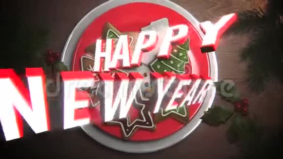 动画特写新年快乐文字糖果和圣诞派在木制背景视频的预览图