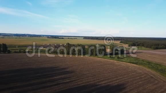 空中观景台飞过棕色的田野和森林树木到牛棚无人机照相机拍摄视频的预览图