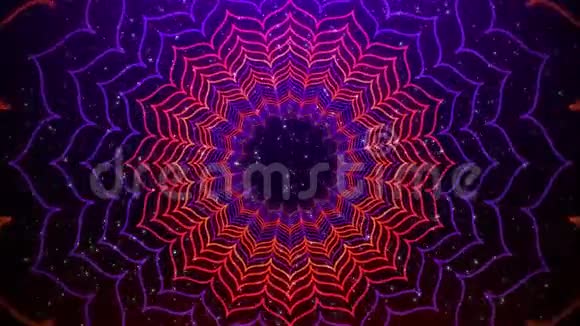 无缝环路运动艺术隧道抽象紫橙莲花曼达拉线发光霓虹灯图案对抗暗紫视频的预览图