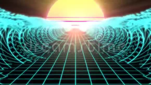 合成波回收线框网网格海洋潮汐波和80年代太阳4K无缝环运动背景动画视频的预览图