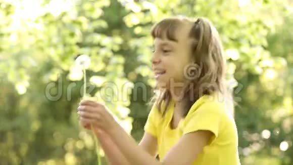 快乐的小女孩吹着蒲公英许愿视频的预览图