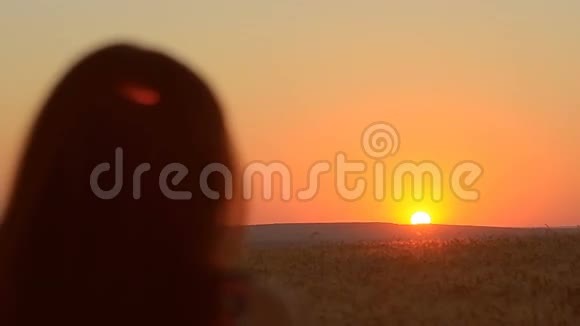 女孩带着手机在日落黄昏的风景图片在手机上日落美丽视频的预览图