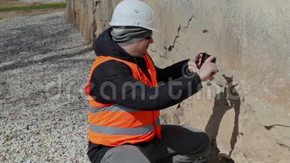 建筑检查员检查旧建筑的墙壁视频的预览图