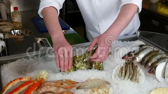 厨师的双手将鲜虾和牡蛎放在海鲜餐厅的冰上视频的预览图