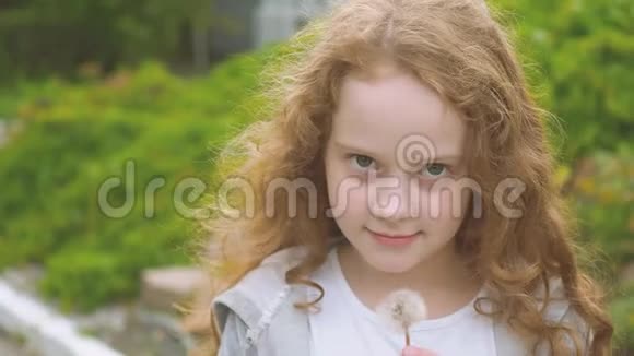 可爱的卷发女孩吹蒲公英视频的预览图