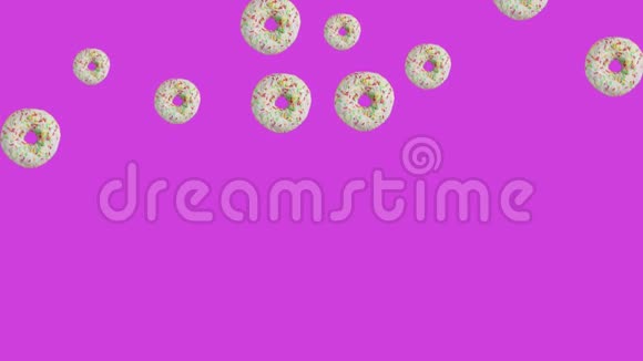 许多光滑的甜甜圈落在紫色背景下三维动画视频视频的预览图