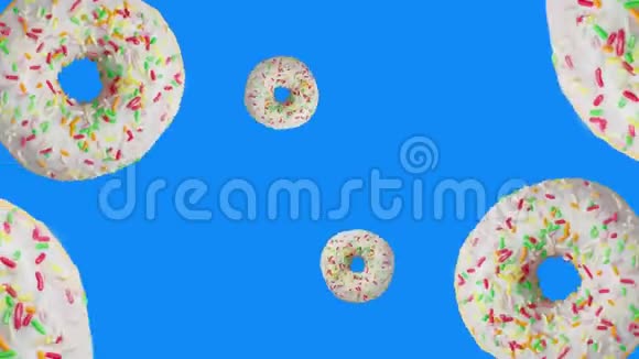 釉面甜甜圈作为漏斗在蓝色背景3D动画中心移动视频的预览图