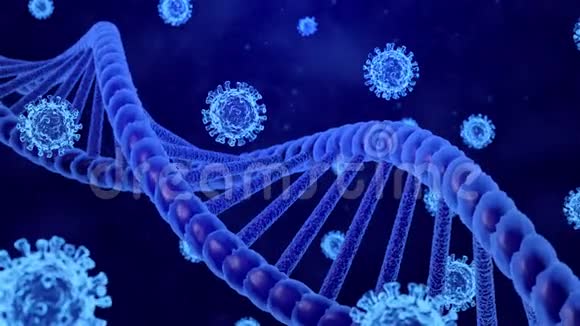 3D冠状病毒COVID19和DNA螺旋模型在抽象蓝背景下的运动视频的预览图