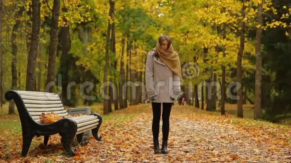 秋天公园里穿着灰色外套和针织围巾的美丽白种人女人视频的预览图