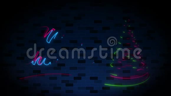 彩色圣诞快乐螺旋圣诞树霓虹灯与深蓝色砖墙背景视频的预览图