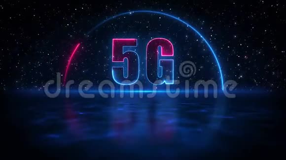 5G文字细胞网络技术霓虹灯风格与阴影反射蓝光水面对抗暗星天空视频的预览图