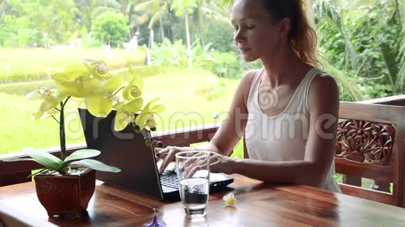 在户外的笔记本电脑上女人的手在打字坐在桌子上用电脑工作视频的预览图