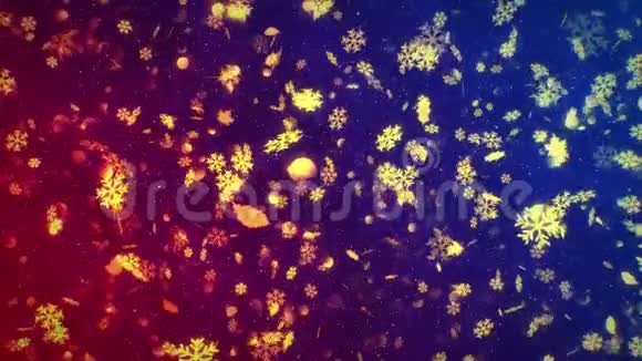 雪花叶子和圆圈的金色圣诞彩纸在空气中飞舞映衬着红蓝渐变的背景视频的预览图