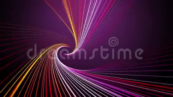 彩色红紫黄光曲线扭曲螺旋运动紫色和孤立在黑色背景视频的预览图