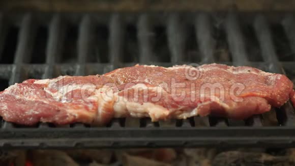 牛肉猪肉或用香料腌制的小牛肉的牛排放在烤架上背景是从煤中冒出的烟视频的预览图