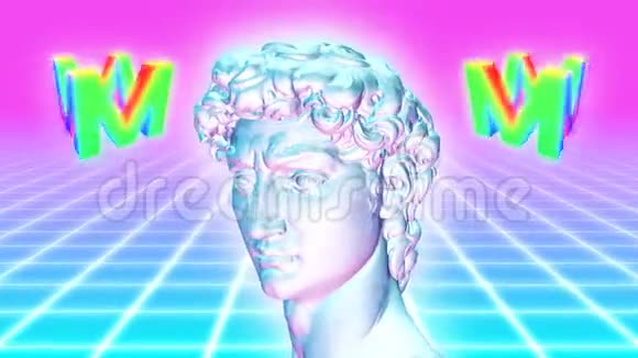 80年代霓虹灯闪烁网格上的蒸气波美学雕像与旋转标志4K无缝循环运动背景动画视频的预览图