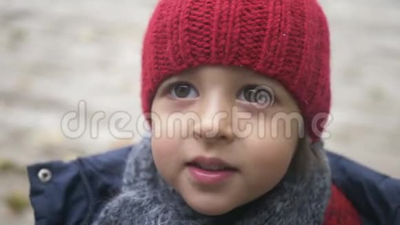 穿着蓝色夹克戴着红色针织帽子戴着灰色围巾的小男孩视频的预览图