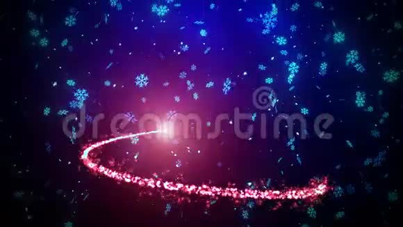 红闪闪的圣诞问候与抽象的圣诞树闪闪发光的光之路与蓝闪的雪花视频的预览图