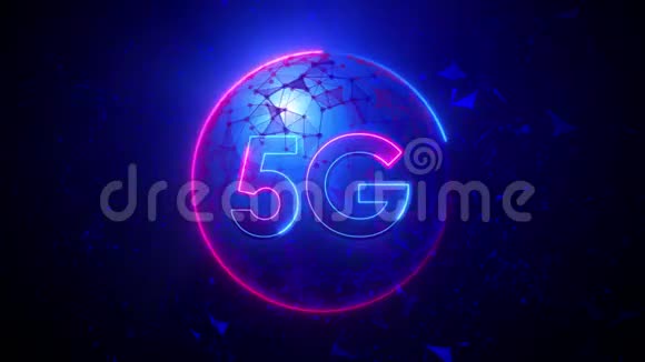 5G型文本细胞网络带球形测距的霓虹灯样式在抽象蓝光未来式点和线上视频的预览图