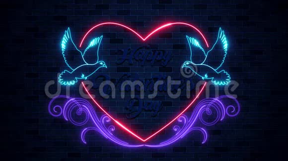 幸福情人节霓虹灯动画与鸽子飞翔的心和藤蔓装饰线与蓝色复古砖墙视频的预览图