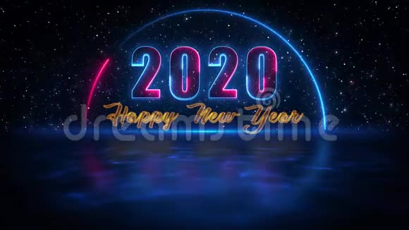 新年快乐2020迎新霓虹灯与蓝光水面暗星天空动画阴影反射视频的预览图