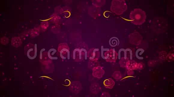 浪漫的红紫色花形图案和闪闪发光的灰尘与艺术的金色藤蔓繁荣装饰框架装饰物视频的预览图