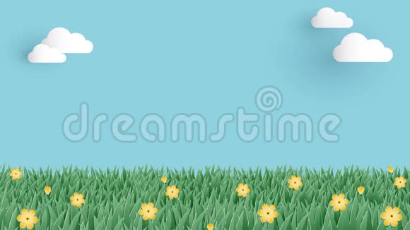 可爱的背景动画镜头的草甸与黄色的花朵在蓝天和白云在纸艺术风格视频的预览图
