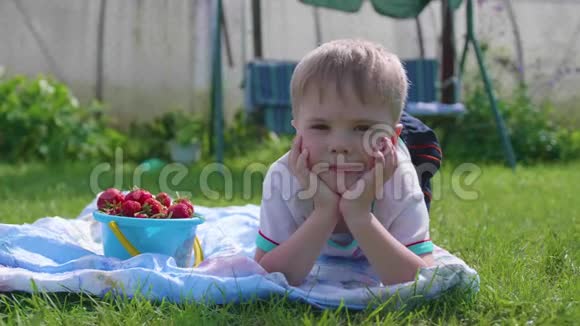 一个小男孩在炎热的夏天躺在草坪上这个孩子很有趣很活跃地度过了他们的闲暇时间快乐视频的预览图