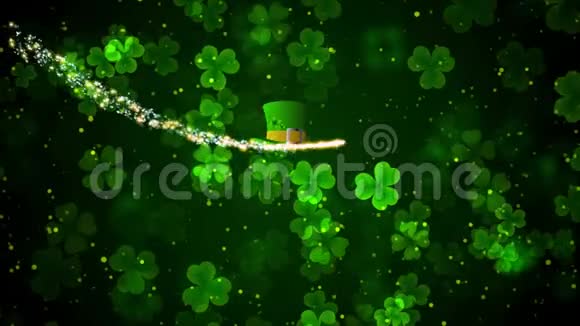 圣帕特里克节快乐的问候动画与绿叶剪贴画闪闪发光的尘埃和轻粒子的角度围绕帽子旋转视频的预览图