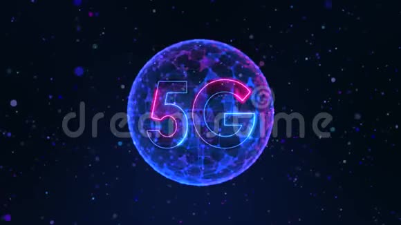未来主义的5G细胞网络霓虹灯内红色和蓝色球形网格由三角形点和线在深蓝色视频的预览图