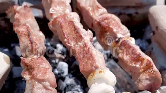 在热焦炭上的串上进行特写的shashlik烹饪视频的预览图