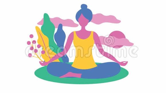 女孩坐在莲花的位置上做瑜伽女孩沉思明亮的运动插图视频的预览图