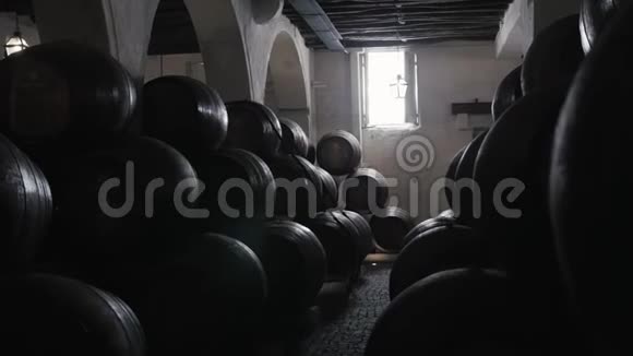 在葡萄牙波尔图的老工厂里一个酒厂里的桶排葡萄酒波尔图的桶库视频的预览图