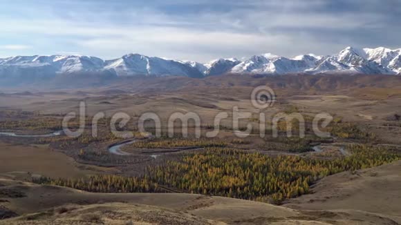西伯利亚阿尔雅地区蜿蜒河流的全景照片视频的预览图