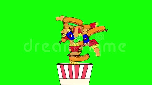 快餐在一个大红色纸膜盒里油炸翅膀的动画绿色背景上的4k桶2D平面草图视频的预览图