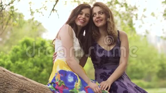 两个穿着鲜艳夏装的朋友在公园里聊天女孩们坐在树枝上踢的脚视频的预览图
