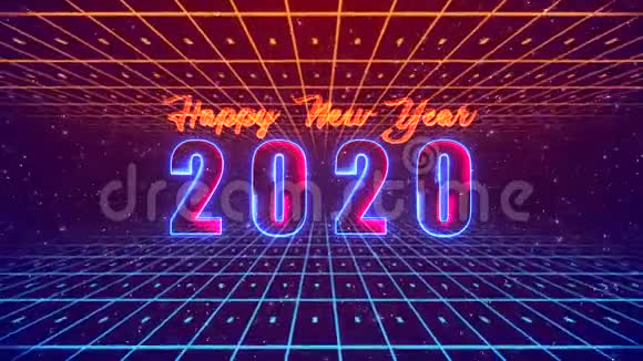 无缝环路运动新年快乐2020霓虹灯与天花板3d线网格和点在红蓝的视角视频的预览图