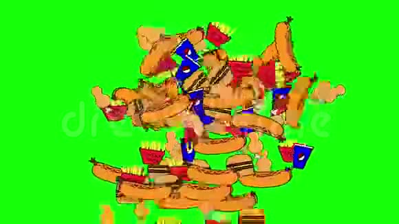 快餐动画汉堡炸薯条热狗鹅鹅绿色背景上的4k桶2D平面草图视频的预览图
