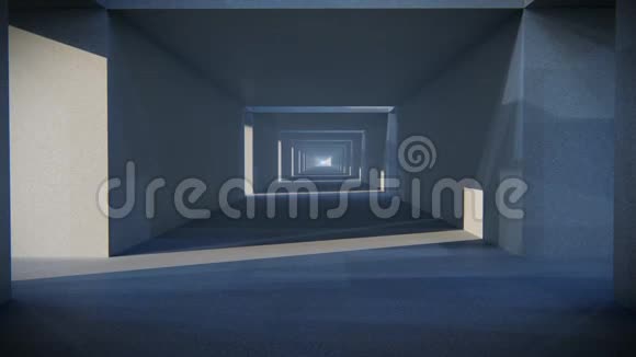 空的空间混凝土房间与缝隙和发光正向前走混凝土块背景的笔画康塞普视频的预览图