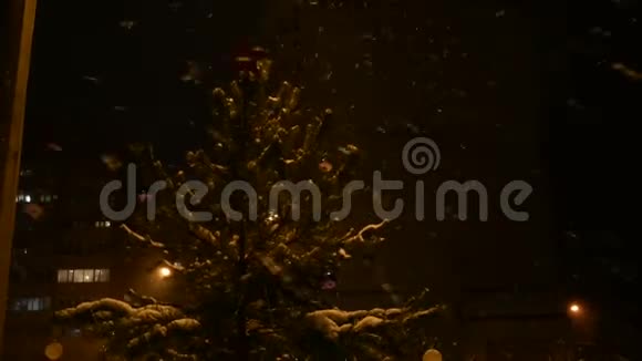 夜晚一棵装饰好的圣诞树矗立在街道上降下一场雪头顶上是一颗红星视频的预览图