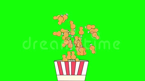 快餐在一个大红色纸膜盒里油炸翅膀的动画绿色背景上的4k桶2D平面草图视频的预览图
