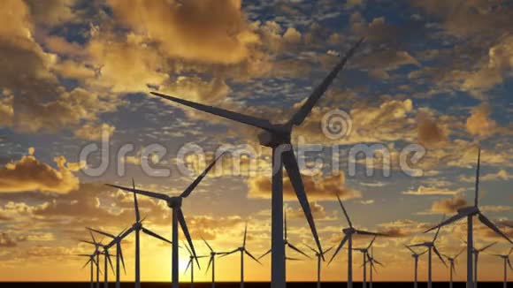 日落时风力涡轮机的美丽动画视频的预览图