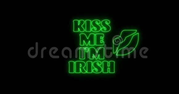 闪烁吻我我爱尔兰圣帕特里克节绿色霓虹灯文字视频的预览图