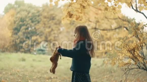 有趣欢快可爱的小女孩带着她的玩具旋转泰迪熊黄色在惊人的秋天公园慢动作视频的预览图