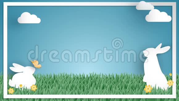 复活节节日问候动画画面的绿色草地与白兔蝴蝶可爱的黄花视频的预览图