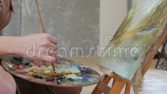 专业的女艺术家油画细节慢动作视频的预览图