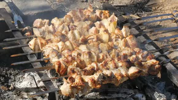 许多肉串上的肉块是在篝火上烤的肉串或烤肉在自然界中是烤的野餐视频的预览图