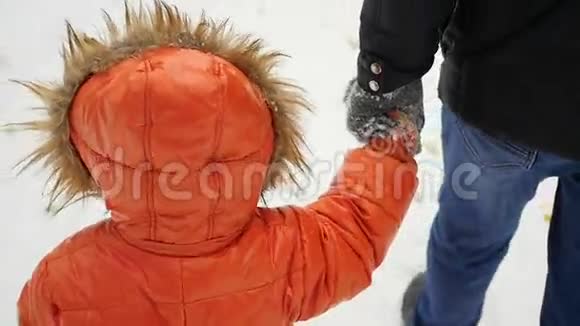 在冬季公园里一个孩子牵着一个成年人的手走视频的预览图